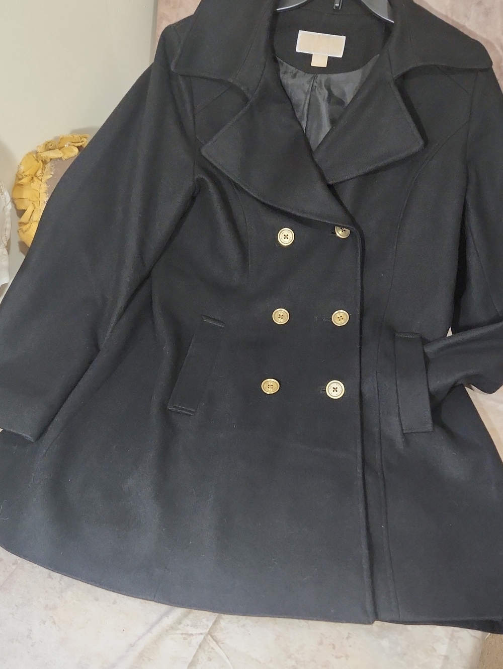 Michael Kors Black Double-Breasted Peacoat with Gold Buttons